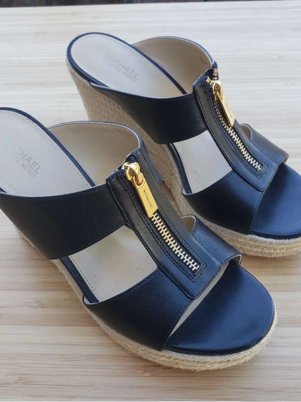 MICHAEL Michael Kors Navy Leather Wedge Sandals with Gold Zip Detail